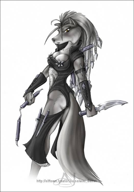 Девушка-волчица вооружена кинжалами